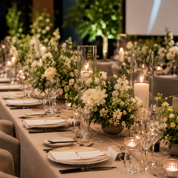 Elegant long table set for a formal event with white tablecloth, plates, glasses, and floral centerpieces.