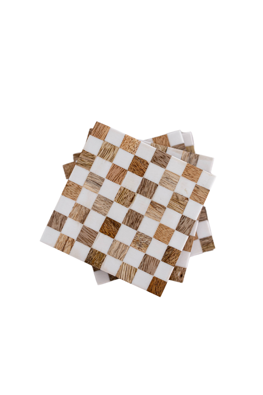Checkered Wood & Resin Coasters (4pcs)